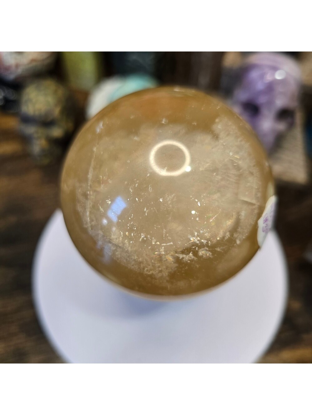 A047. Honey Calcite Natural Crystal 74mm Sphere Orb with Amazing Flash!
